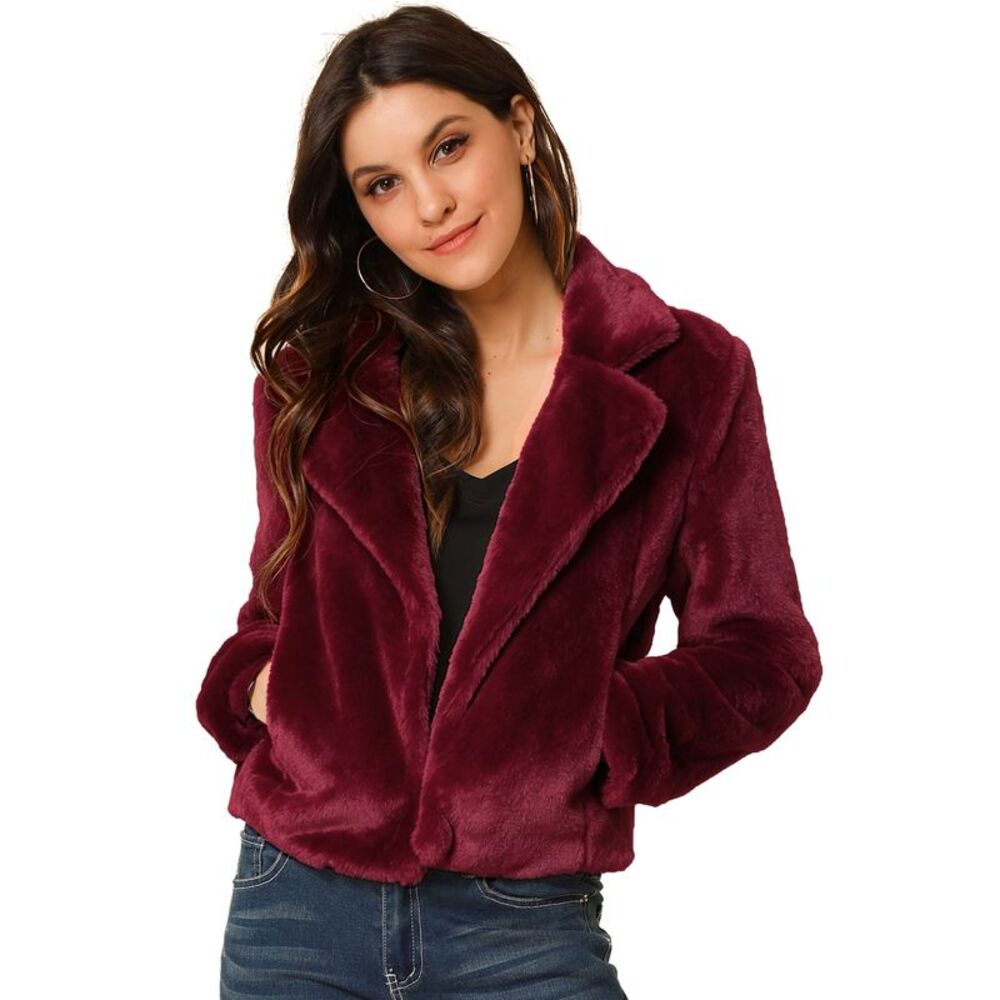 Cropped Jacket Notch Lapel Faux Fur Fluffy Coat Burgundy